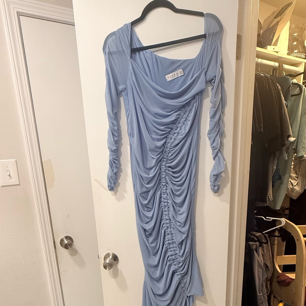 Club L London Sky Blue Gathered Long Sleeve Dress